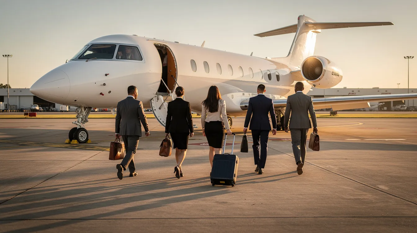 A group of business professionals is walking toward a well-maintained midsize private jet on an airport ramp under a clear morning sky. The scene reflects the world of private aviation, where individuals often consider rental costs and aircraft maintenance as they prepare for their flight.