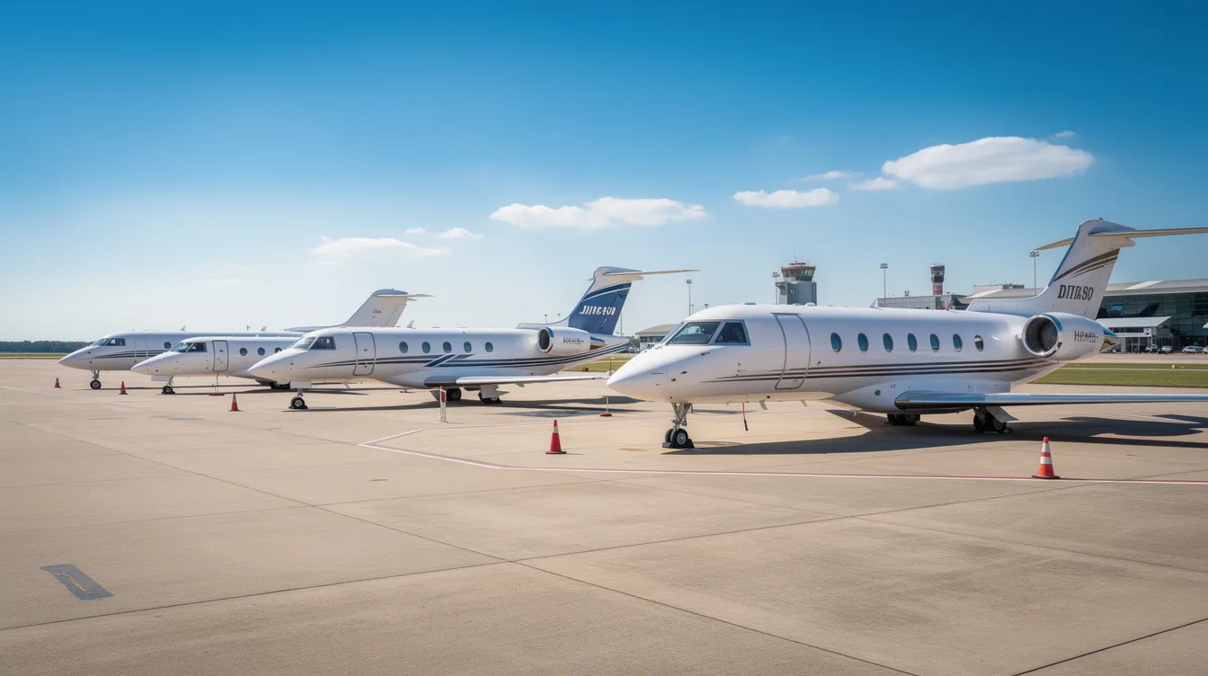 The image shows a row of several different-sized private jets parked on an airport tarmac under a clear blue sky, highlighting the variety of aircraft available for private flight. These private jets, ranging from light jets to larger business jets, emphasize the impressive range and capabilities of private aviation.