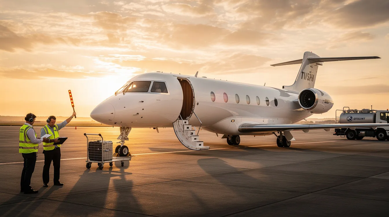 A modern private jet is parked on the tarmac at sunset, with ground crew members preparing for departure, highlighting the operational safety and advanced safety features that are crucial in the private aviation industry. The scene captures the essence of private jet travel, emphasizing the importance of strict safety standards and reputable operators in ensuring passenger safety.