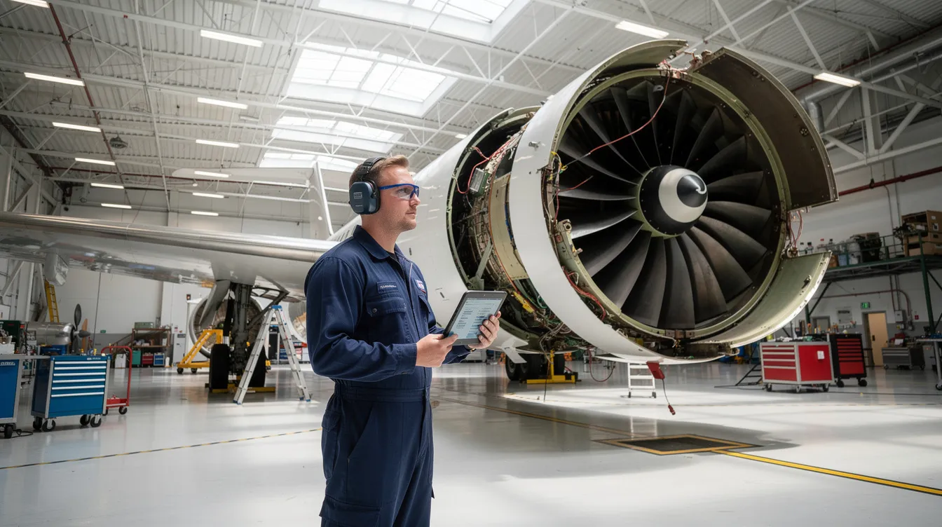 An aviation technician is carefully inspecting a jet engine inside a well-lit maintenance hangar, ensuring compliance with strict safety standards and maintenance protocols for private jets. This meticulous inspection is essential for enhancing safety and operational performance in the private aviation industry.