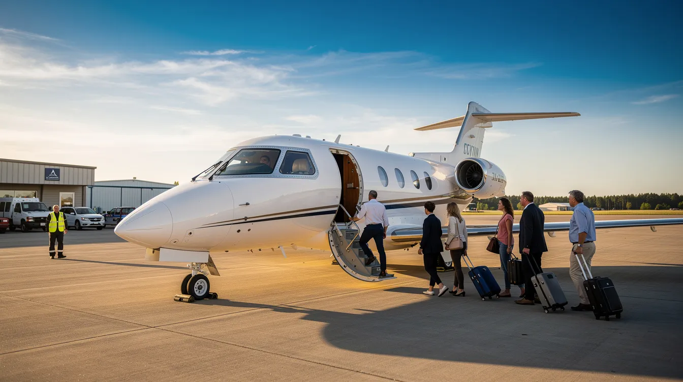 Passengers are seen boarding a small private jet at a quiet regional airport on a sunny day, highlighting the convenience and personalized service of private jet charter services for leisure travelers. The scene captures the ease of access to private flights, emphasizing the benefits of flying from smaller airports.