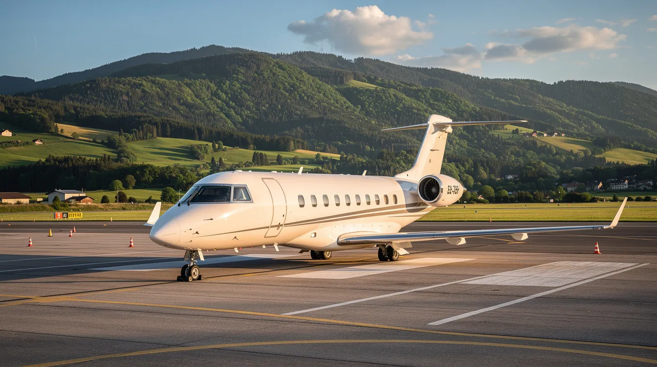A small private jet is parked on a tarmac at a regional mountain airport, surrounded by lush green hills in the background. This scene highlights the convenience of private jet charter services for travelers seeking personalized service and access to smaller airports.