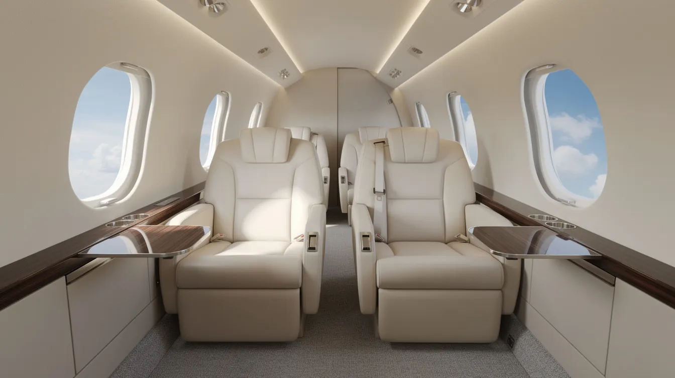 The image depicts the interior of a light jet cabin featuring four plush leather seats arranged in a club-style configuration, providing a cozy and elegant atmosphere for passengers. Large windows offer a scenic view, enhancing the experience of flying private with comfort and style.