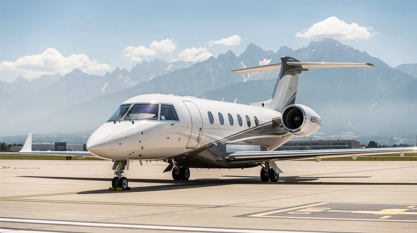 A sleek modern light business jet is positioned on a sunlit runway, with majestic mountains in the background, showcasing the elegance of private aviation. This scene highlights the appeal of private jet charter flights for both business and leisure travelers seeking efficient and luxurious travel options.