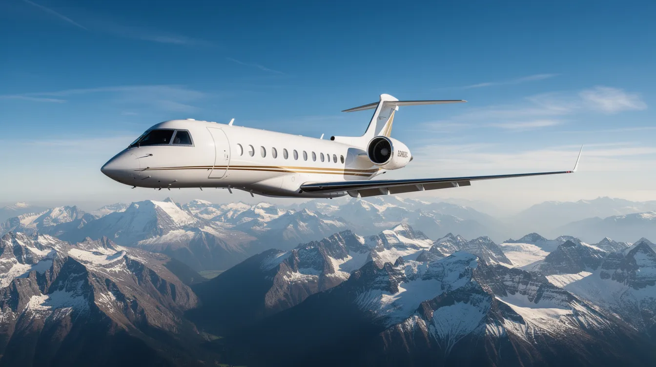 A private jet is soaring above a stunning mountain range under a clear blue sky, showcasing the beauty of private aviation. This image highlights the luxury and freedom of private jet charter flights, perfect for those seeking an escape to popular destinations.