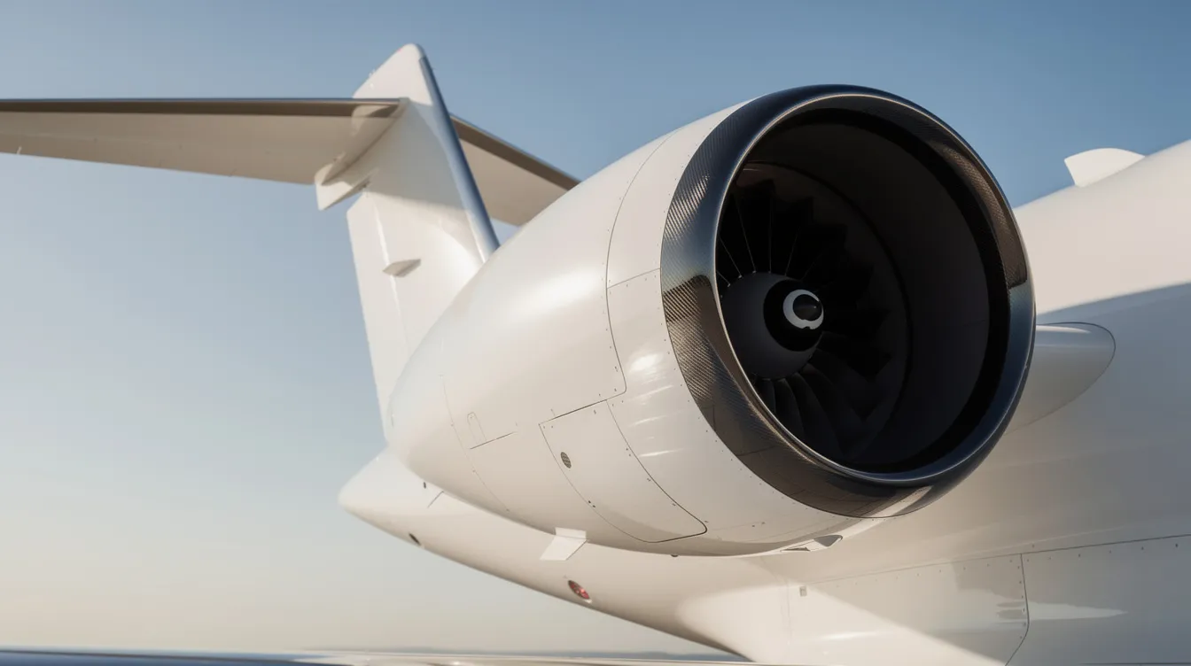 A close-up view of a modern turbofan jet engine, specifically the Rolls Royce Pearl 700, is showcased on the tail section of a large Gulfstream aircraft, emphasizing the advanced technology and performance capabilities essential for the business aviation market. This powerful engine contributes to the jet's ultra-long range and efficiency, making it a preferred choice among high net worth individuals seeking luxury in private aviation.