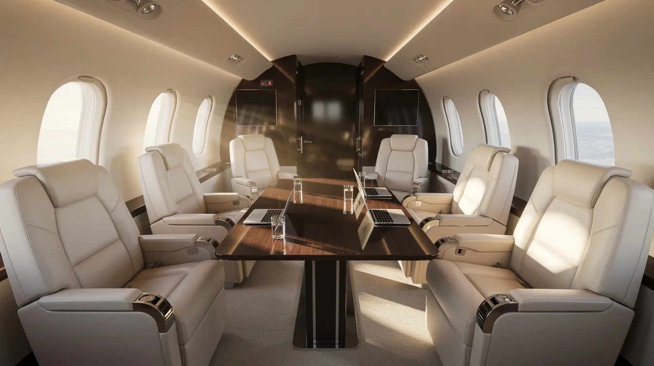 The image depicts the interior of a luxurious private jet cabin, featuring wide leather seats arranged around a sleek conference table, with large oval windows that flood the space with natural light. This spacious cabin exemplifies the elegance and comfort found in Gulfstream aircraft, catering to high net worth individuals in the business aviation market.