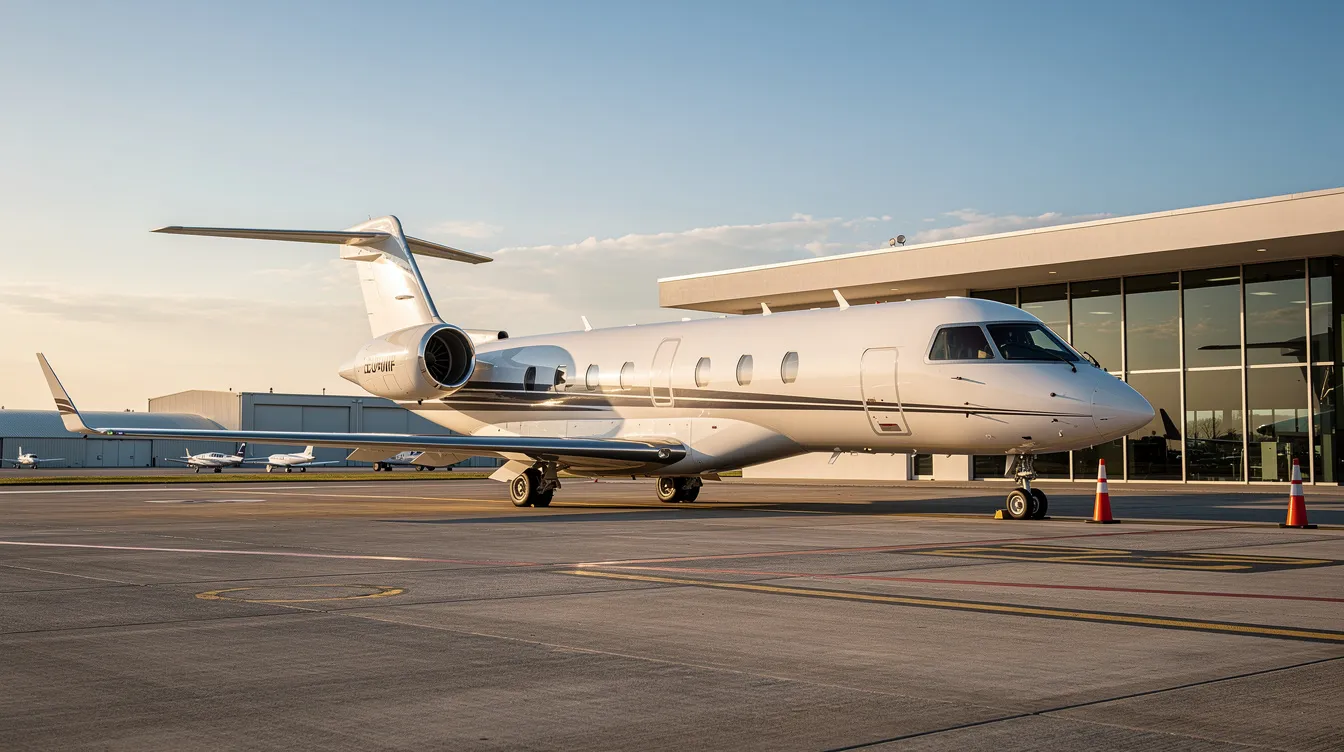 A sleek modern business jet is parked on a sunlit tarmac at a private airport terminal, showcasing the luxury of private aviation. This private aircraft represents a significant investment opportunity for aircraft owners, highlighting the benefits of corporate aircraft financing and favorable interest rates.