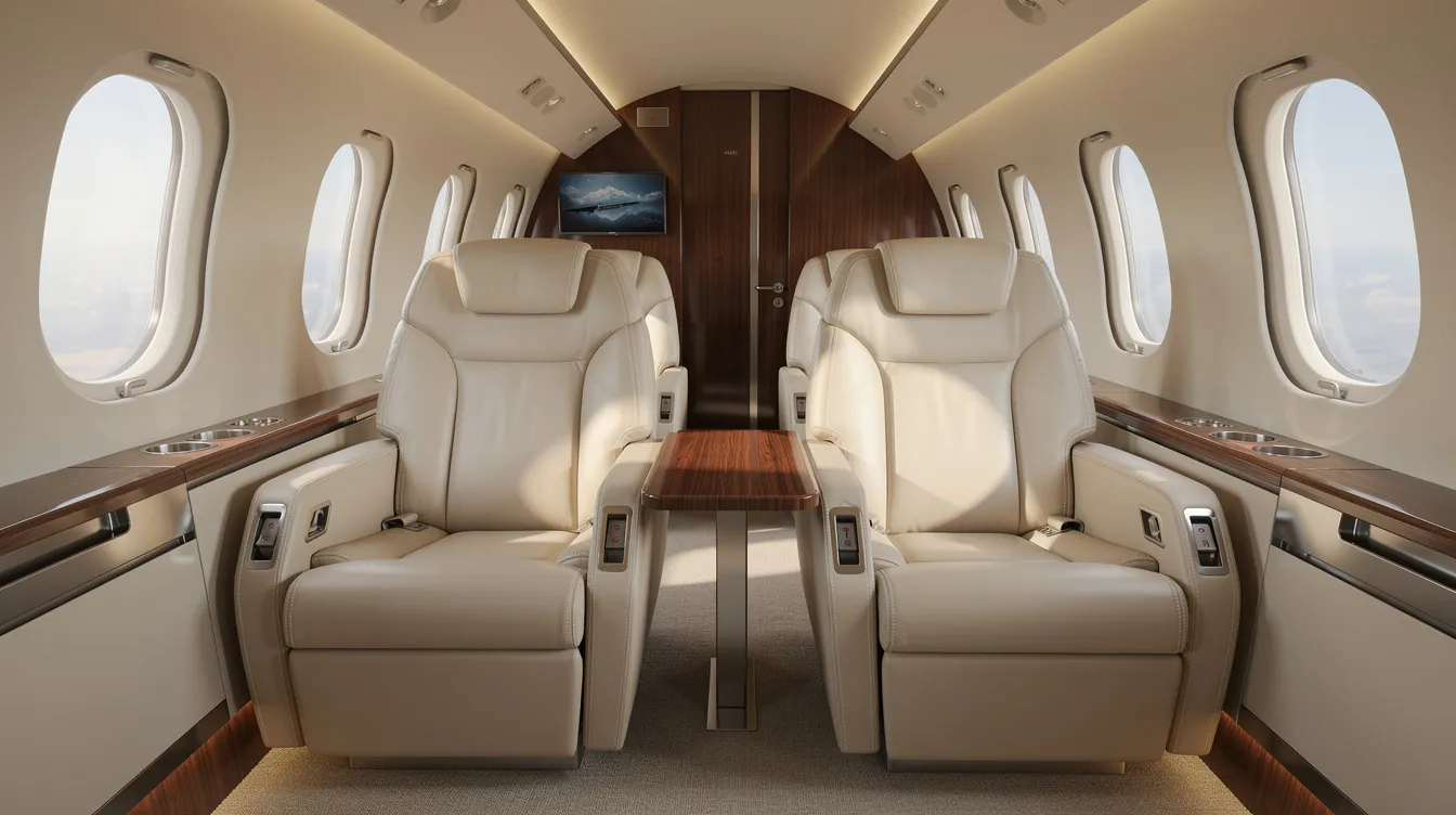 The image depicts the interior of a modern private jet cabin, featuring plush leather seats bathed in natural light, creating an inviting and luxurious atmosphere for passengers. This elegant space exemplifies the comfort and sophistication associated with private aviation, ideal for corporate executives and high net worth individuals seeking efficient travel options.