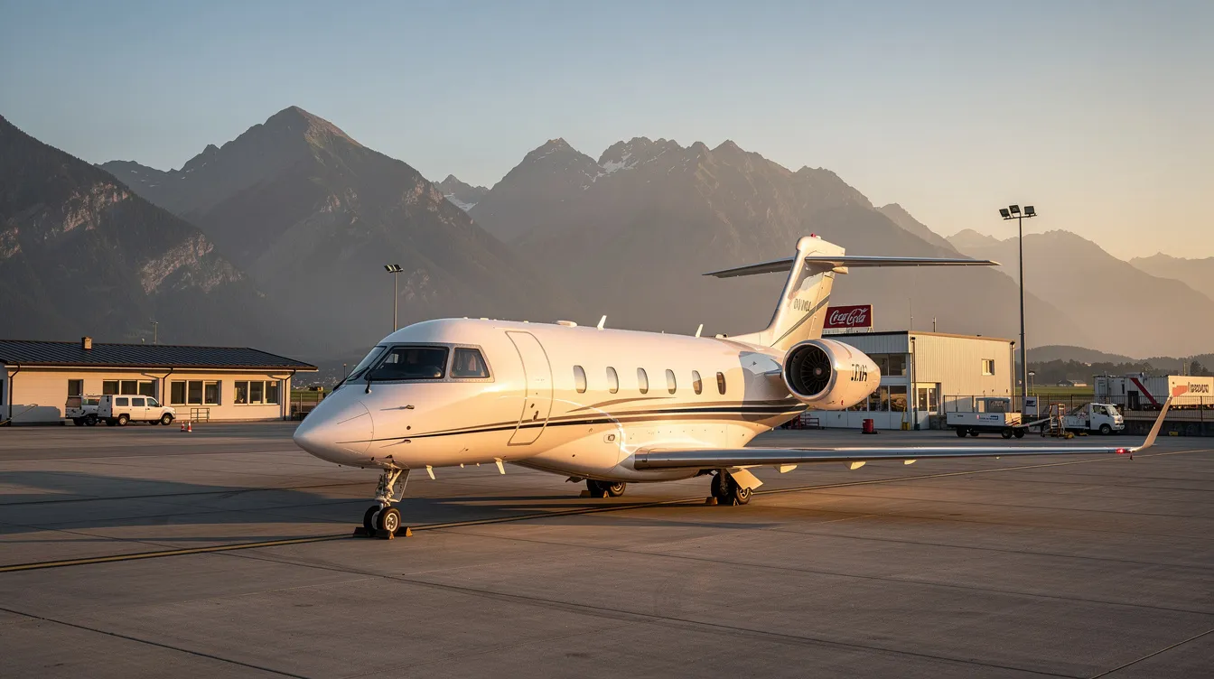 A sleek private jet is parked on the tarmac of a small regional airport during golden hour, with majestic mountains visible in the background. This scene captures the essence of private jet travel, showcasing the elegance and convenience of private aviation solutions.