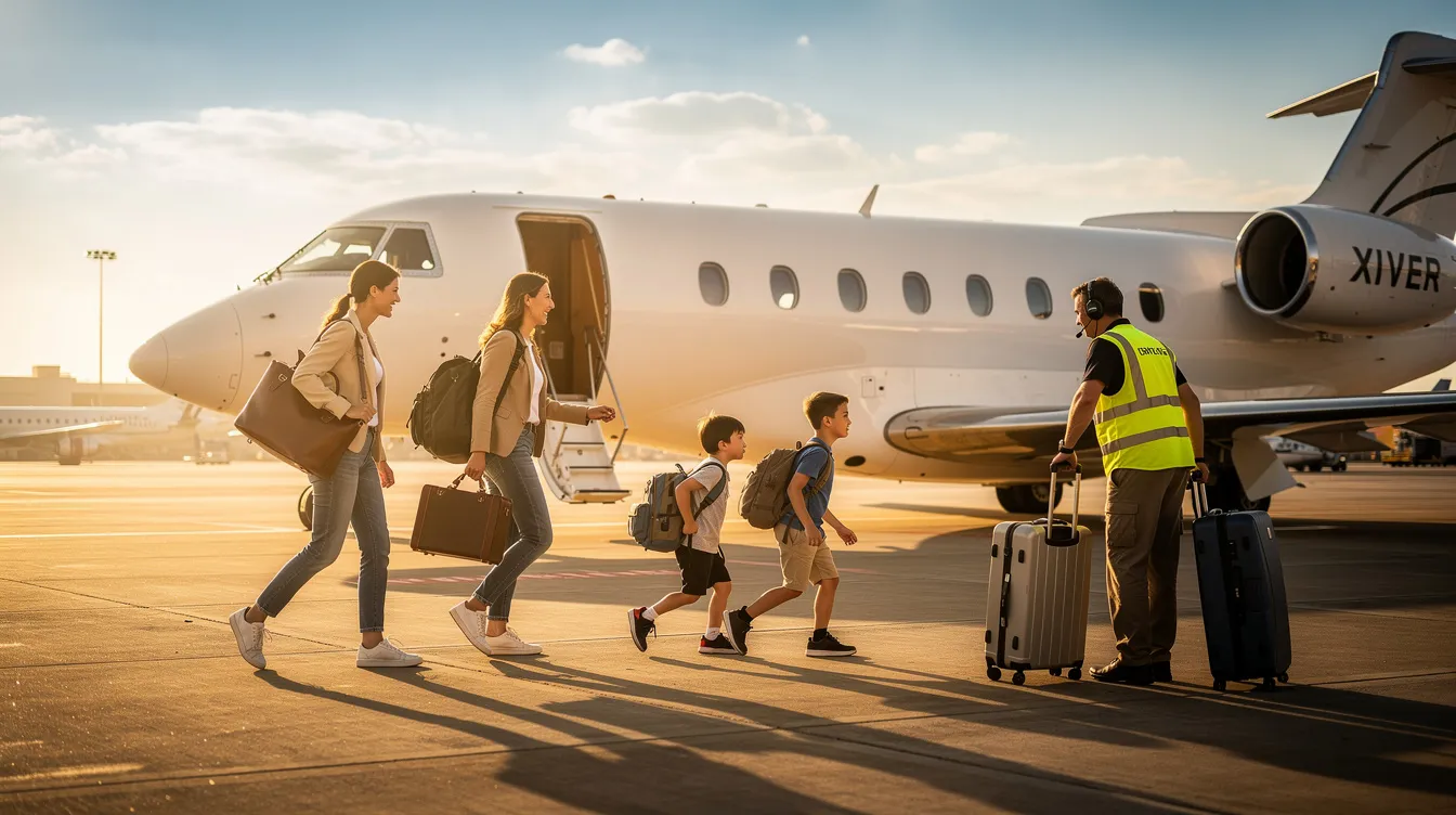 A family of four is walking across a sunlit tarmac towards a white midsize private jet, while ground crew members are loading their luggage. This scene captures the essence of private jet travel, showcasing the convenience and personalized service of private jet charter for family vacations.