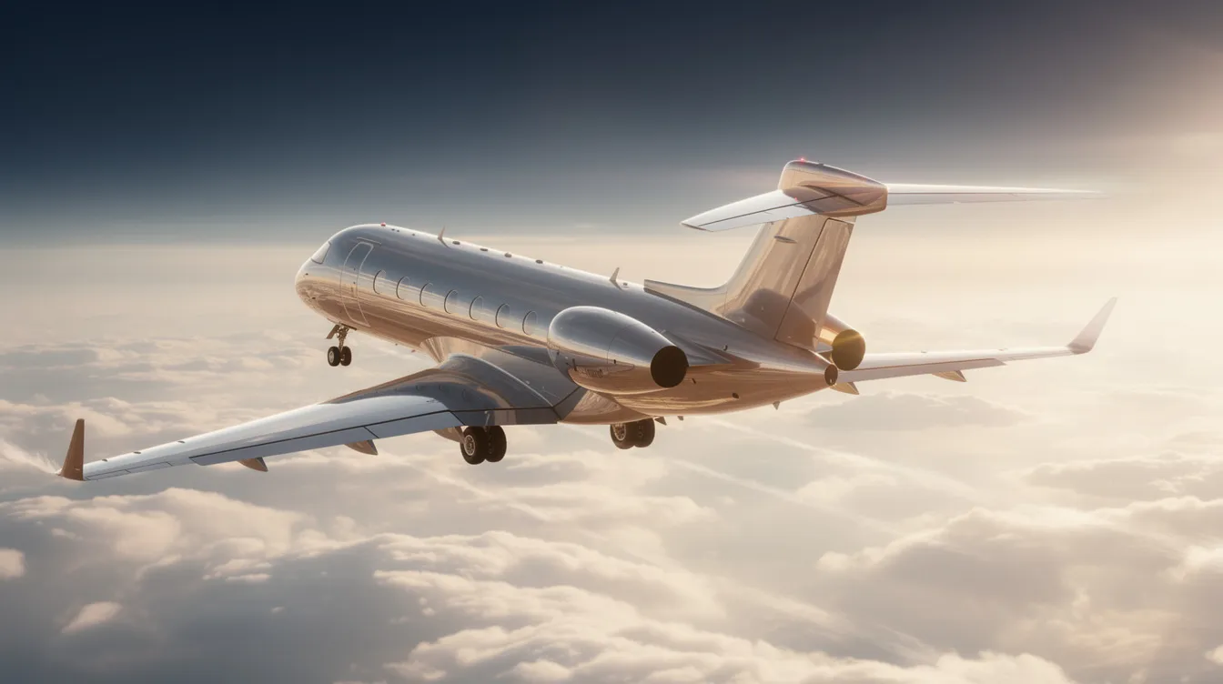 A large cabin private jet soars above fluffy white clouds, with sunlight glistening off its sleek fuselage, showcasing the luxury of private jet travel. This scene captures the essence of private jet charter services, highlighting the exclusivity and elegance of flying in a heavy jet charter.