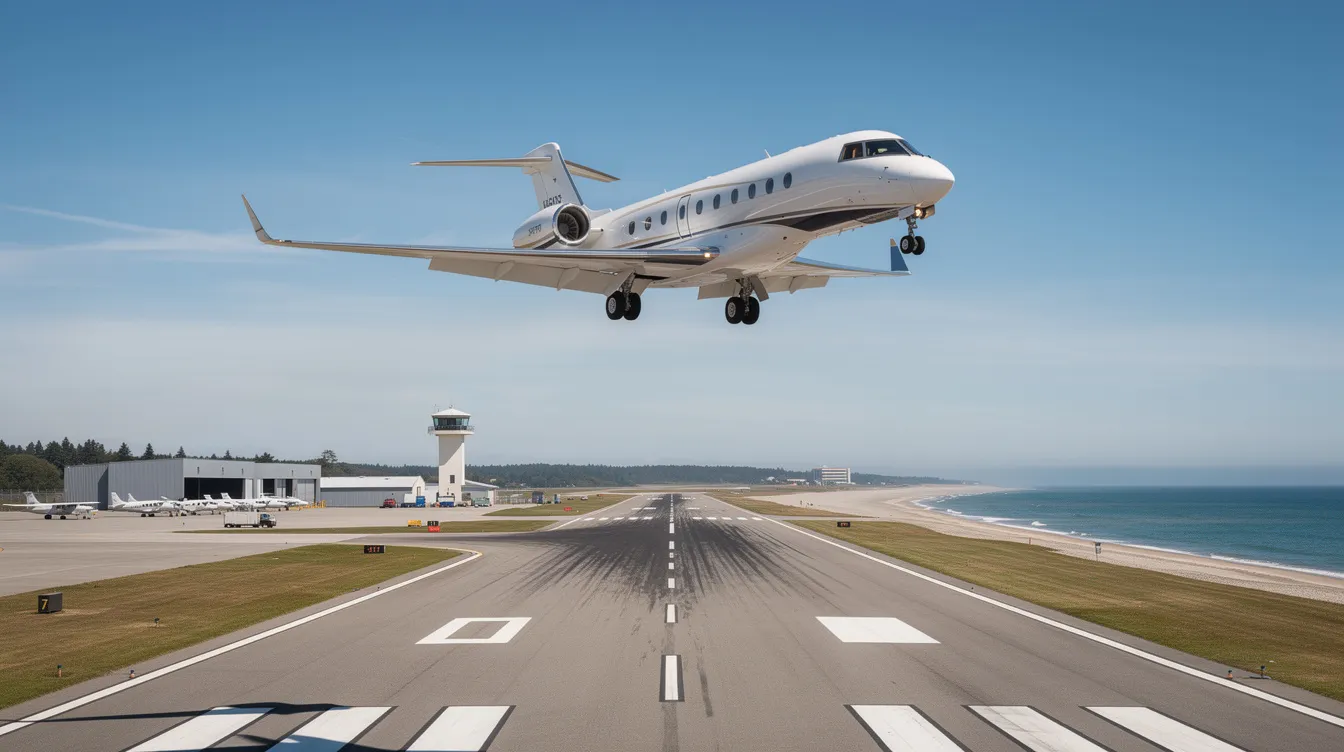 A private jet is descending toward a runway at a coastal general aviation airport on a clear day, showcasing the convenience of private flights. The scene highlights the runway's readiness for landing, which is essential for managing landing fees and other associated costs at small airports.
