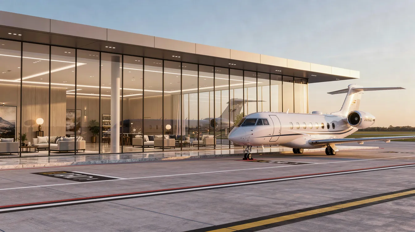 The image depicts a modern Fixed Base Operator (FBO) terminal building with expansive floor-to-ceiling windows, showcasing a sleek private jet parked on the ramp outside. This terminal offers premium facilities for private flights, including services that may involve various fees such as landing fees, parking charges, and fuel costs.