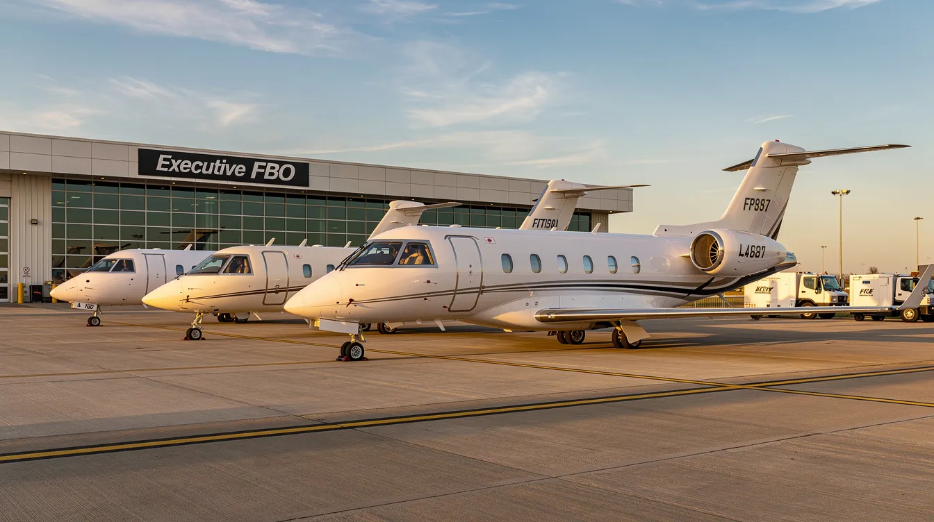 The image shows several private jets of varying sizes parked closely together at a Fixed Base Operator (FBO) facility, highlighting the diversity in private aviation. This scene is essential for understanding factors like jet fuel consumption and costs associated with different aircraft types.