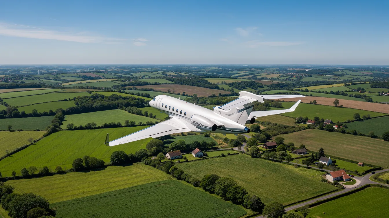A private jet soars over a lush green countryside under a clear blue sky, showcasing the elegance of private aviation. This serene flight highlights the importance of understanding jet fuel consumption and costs for efficient travel planning.
