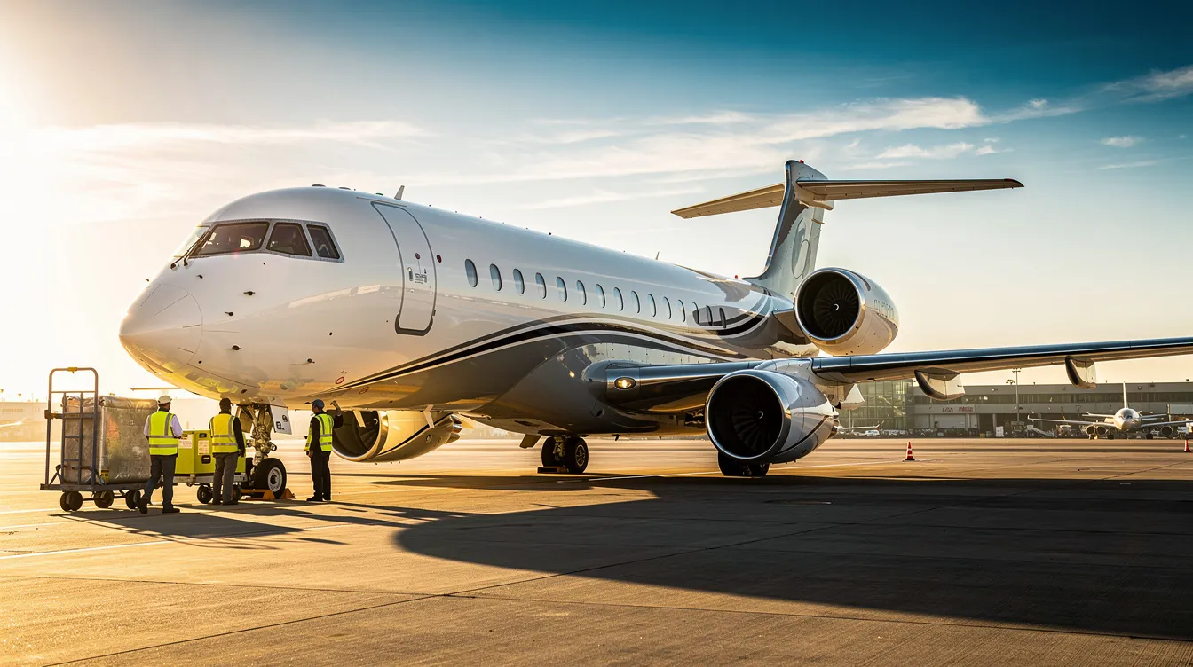 A massive wide-body private jet, likely a Bombardier Global or Gulfstream model, is parked on a sunlit tarmac with ground crew members attending to it, showcasing the luxury and opulence of private aircraft. This expensive private jet represents the pinnacle of business aviation, ready to provide an exceptional travel experience for its clients.