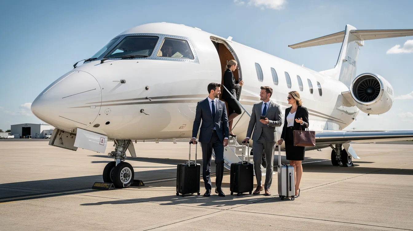 A group of business travelers in professional attire is boarding a mid-size private jet, specifically a Bombardier Global Express, on a clear day. The scene captures the luxury and convenience of private jet travel, highlighting the aircraft's role as a preferred choice for efficient journeys.