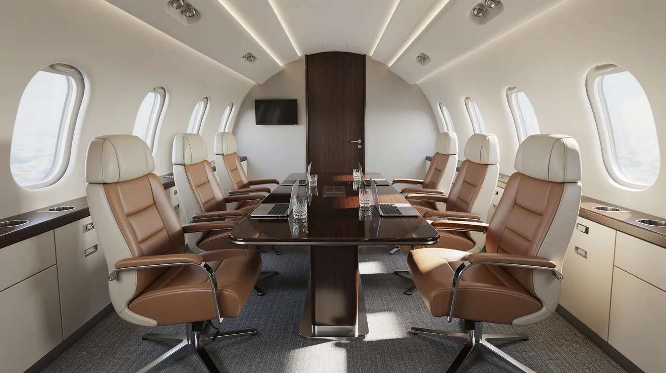 The image showcases the interior of a modern super-midsize private jet cabin, featuring luxurious leather seats arranged around a sleek conference table, designed for both business and leisure travelers. This spacious cabin offers unparalleled comfort and exceptional service, making it an ideal setting for private jet charter flights.