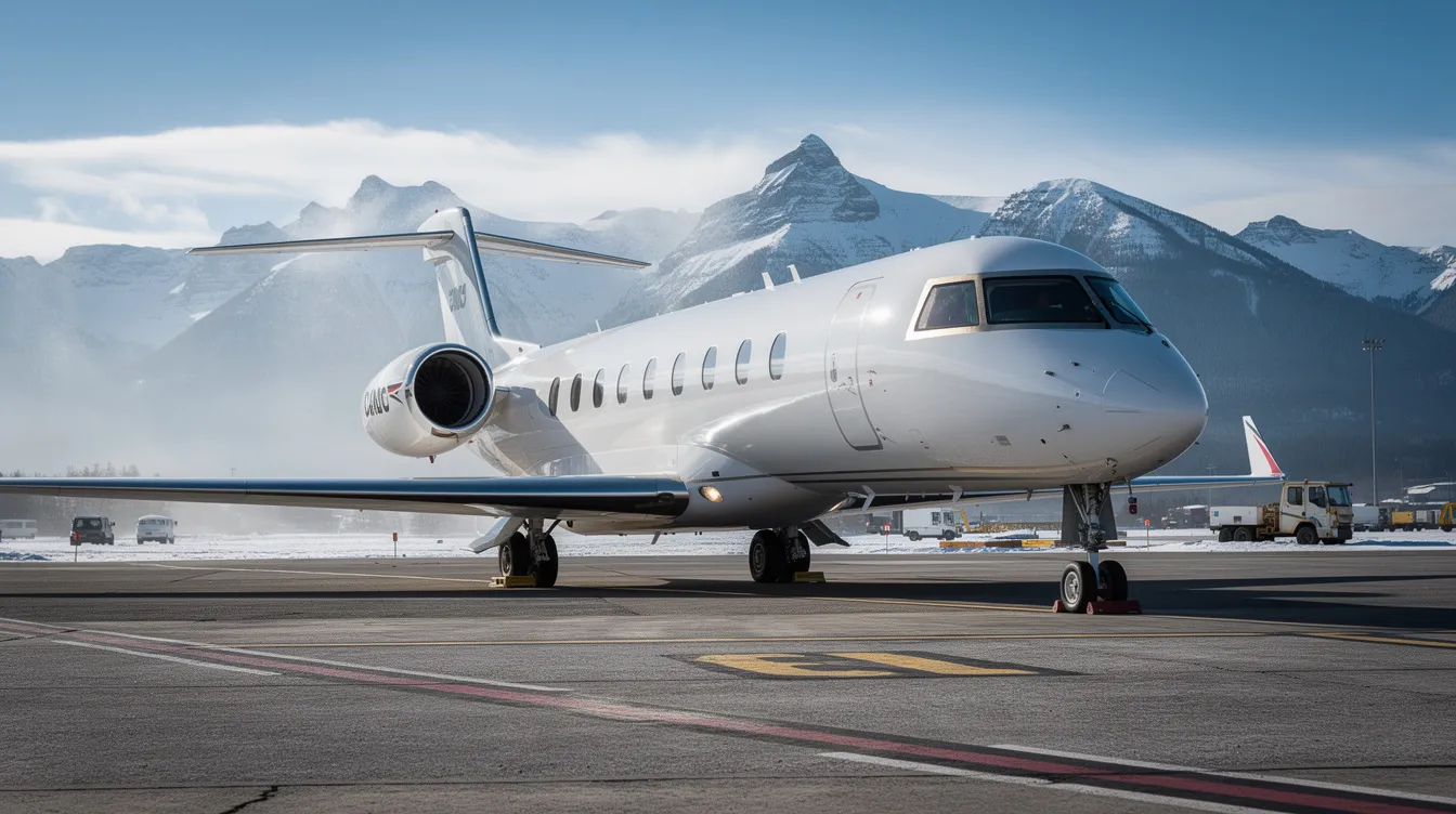 A sleek private jet is parked on the tarmac of a Canadian airport, with stunning snow-capped mountains in the background, showcasing the beauty of private aviation. This image highlights the luxurious experience of private jet travelers, emphasizing the exclusivity and comfort of charter flights in breathtaking landscapes.