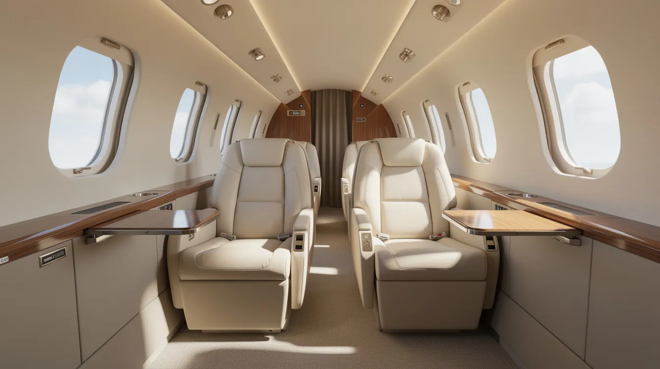 The image shows the luxurious interior of a private jet cabin, featuring cream leather seats in a club configuration and large oval windows offering a beautiful view. This elegant setting is perfect for those looking to compare aircraft models for charter flights and understand their options for different missions.