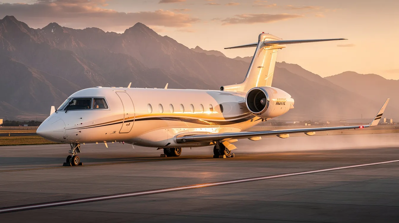 A sleek large-cabin private jet, resembling a modern Learjet, is parked on a tarmac bathed in the warm glow of golden hour, with majestic mountains visible in the background. This scene highlights the elegance of private air travel, inviting viewers to understand the luxury and capabilities of various aircraft models.