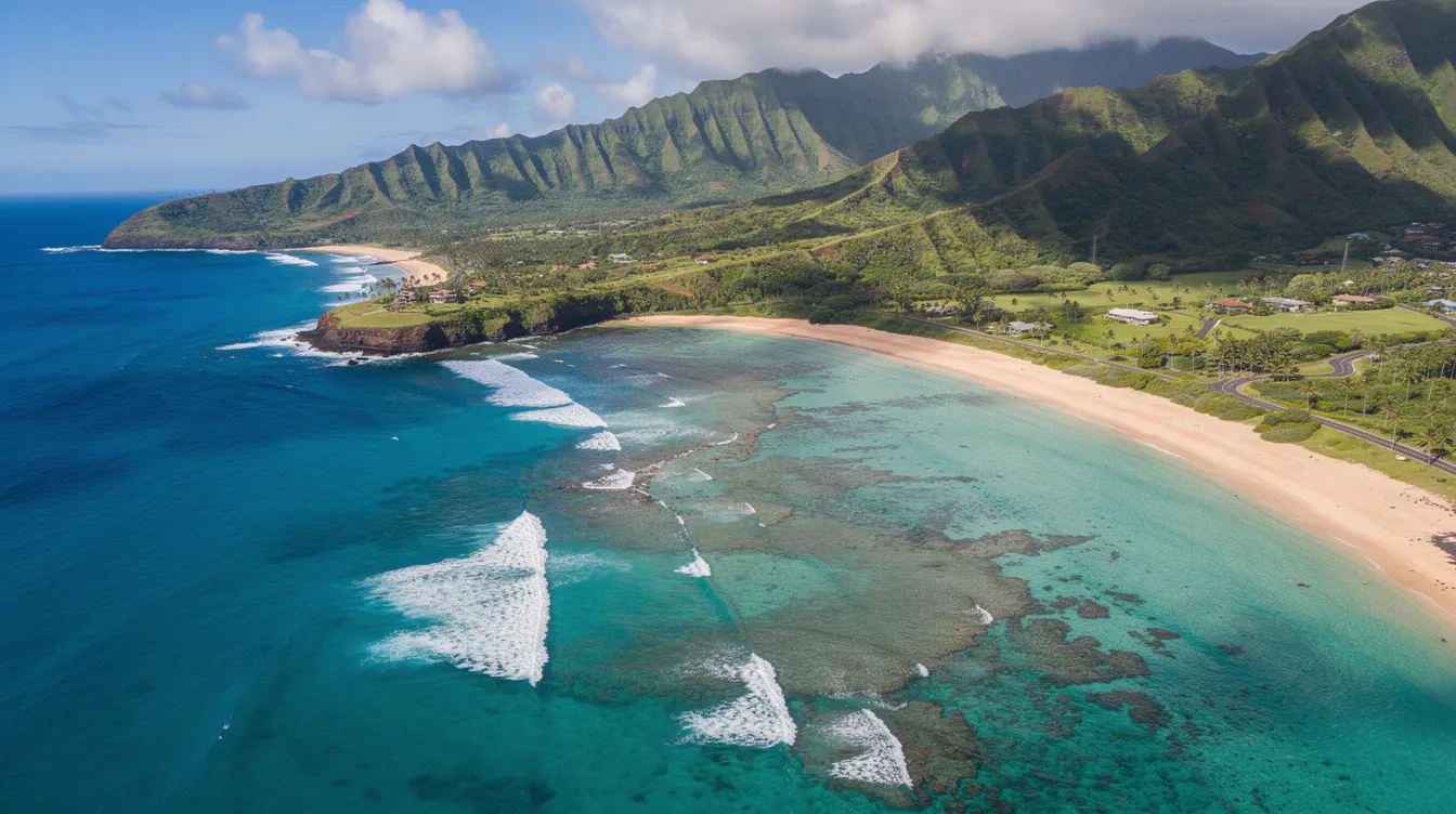 An aerial view showcases a stunning tropical Hawaiian coastline, where the turquoise waters meet lush green mountains, creating a picturesque paradise in Maui. This idyllic scene highlights the beauty of the island, perfect for travelers seeking luxury resorts and personalized service, such as those offered by Four Seasons Resort Maui.