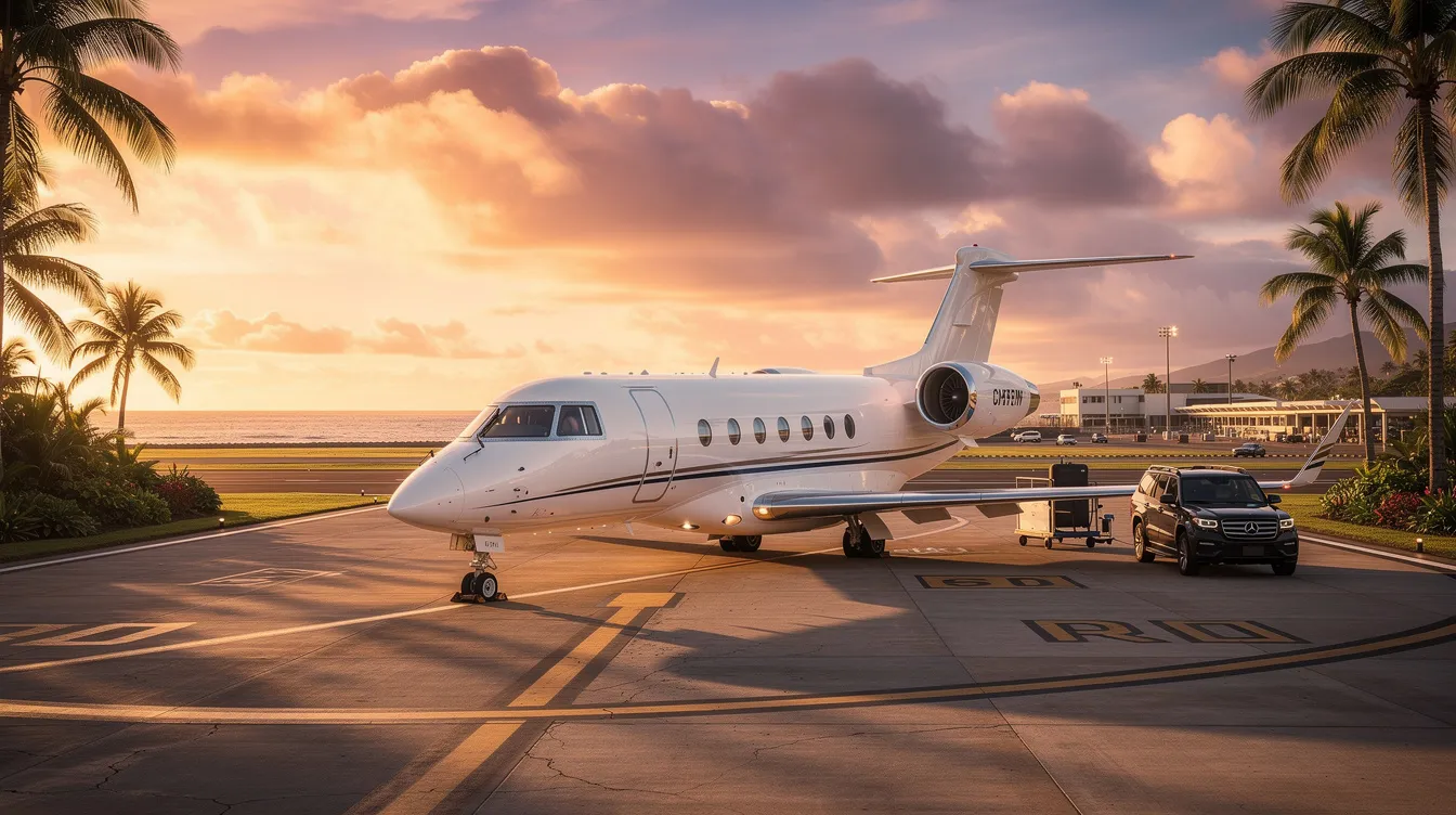 A sleek private jet is parked on the tarmac of Kahului Airport at sunset, surrounded by swaying palm trees, evoking a sense of luxury and adventure for travelers heading to Maui. The vibrant sunset colors enhance the tropical atmosphere, highlighting the allure of private jet travel to this paradise destination.