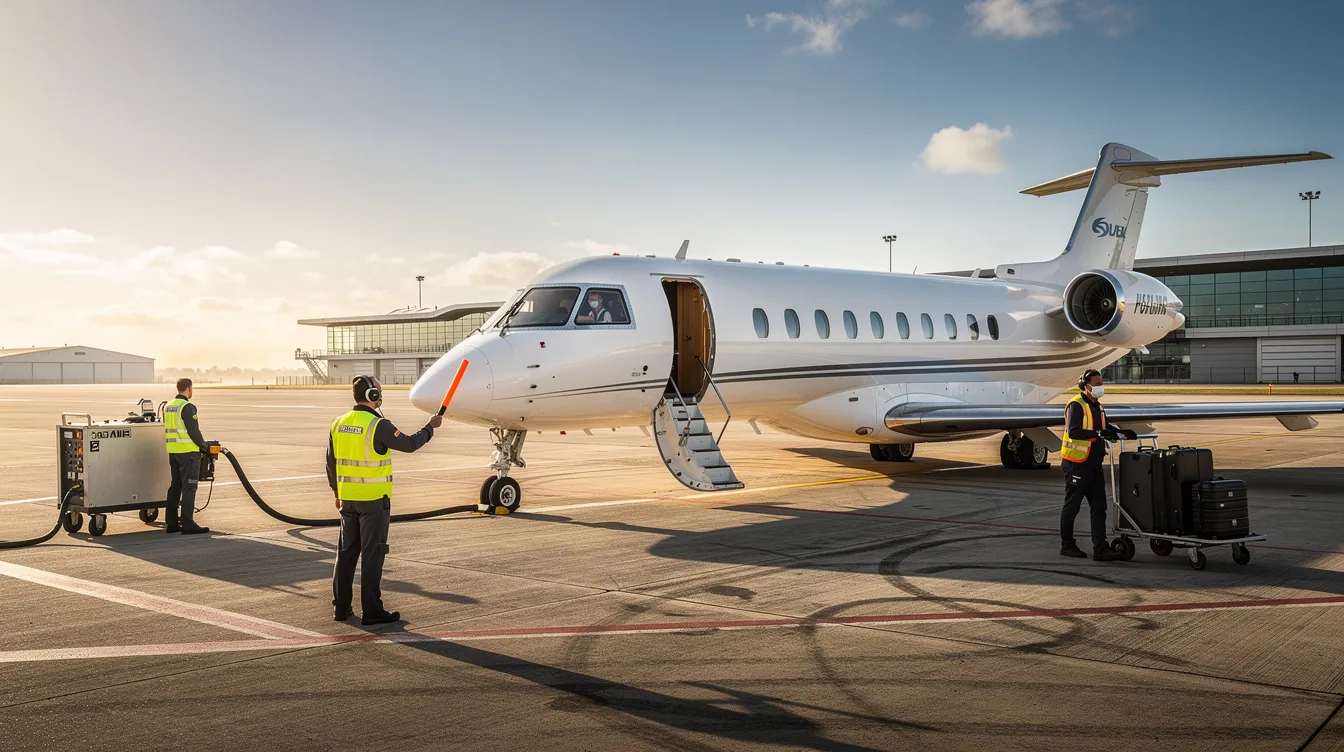 A midsize private jet is parked on a sunlit airport tarmac, with ground crew preparing for departure, showcasing the luxury and efficiency of private jet flights. The scene reflects the convenience of private aviation, where passengers can easily access their aircraft for a smooth trip to their destination.