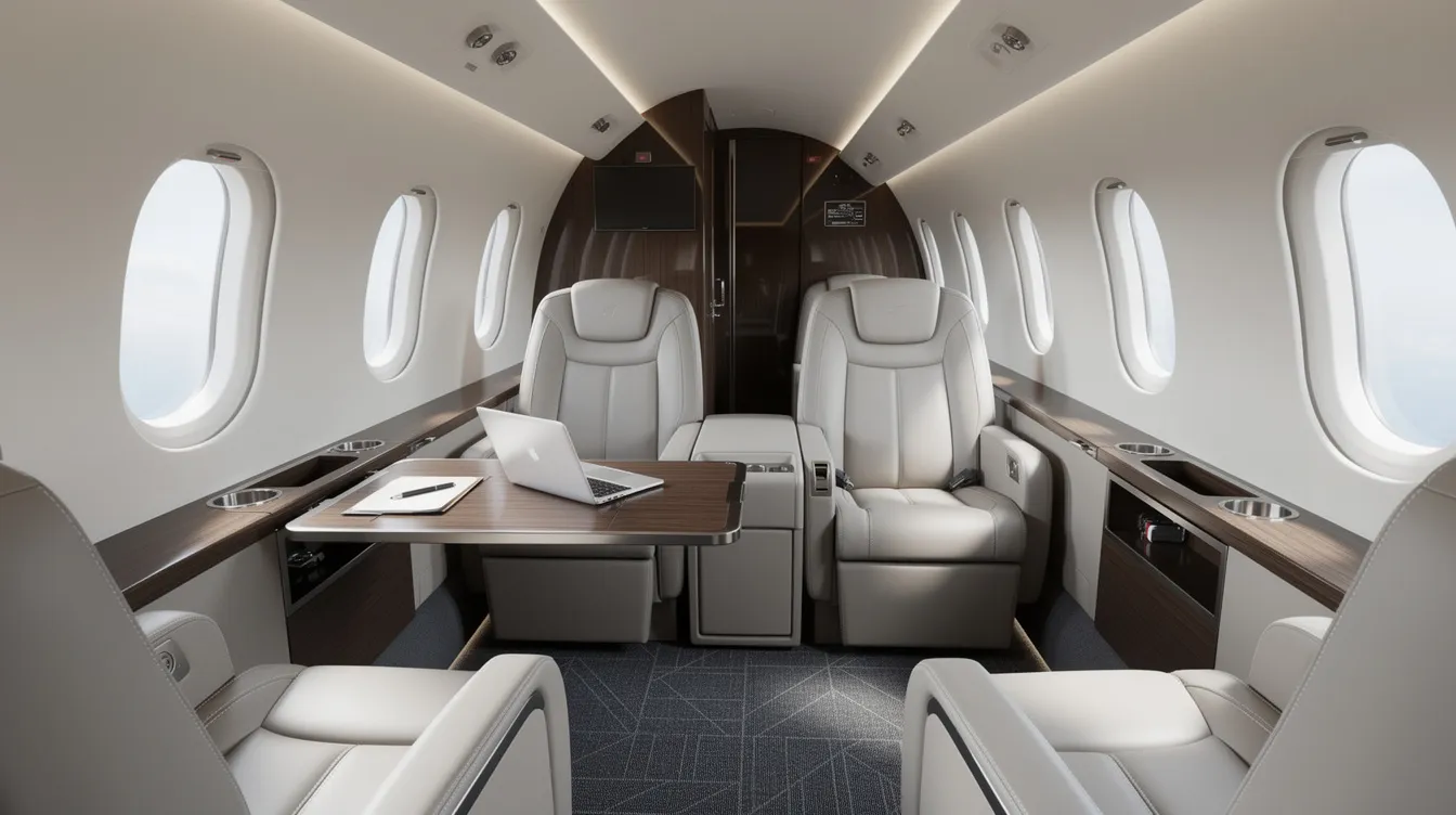 The image shows the interior of a modern midsize private jet cabin, featuring luxurious leather seats arranged around a central work table, designed for comfort and efficiency during private jet flights. This elegant space reflects the quality and convenience of private aviation, catering to passengers seeking a refined travel experience.
