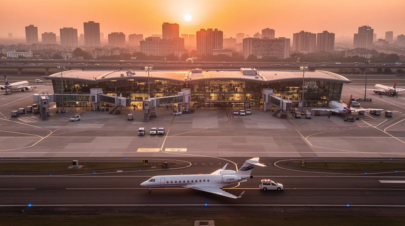 An aerial view captures a modern Indian airport terminal at sunset, featuring a private jet taxiing on the runway, symbolizing the luxury of private jet flights. The vibrant atmosphere of the bustling city emphasizes the airport's readiness to accommodate passengers for their next trip, highlighting the convenience of private aviation in India.