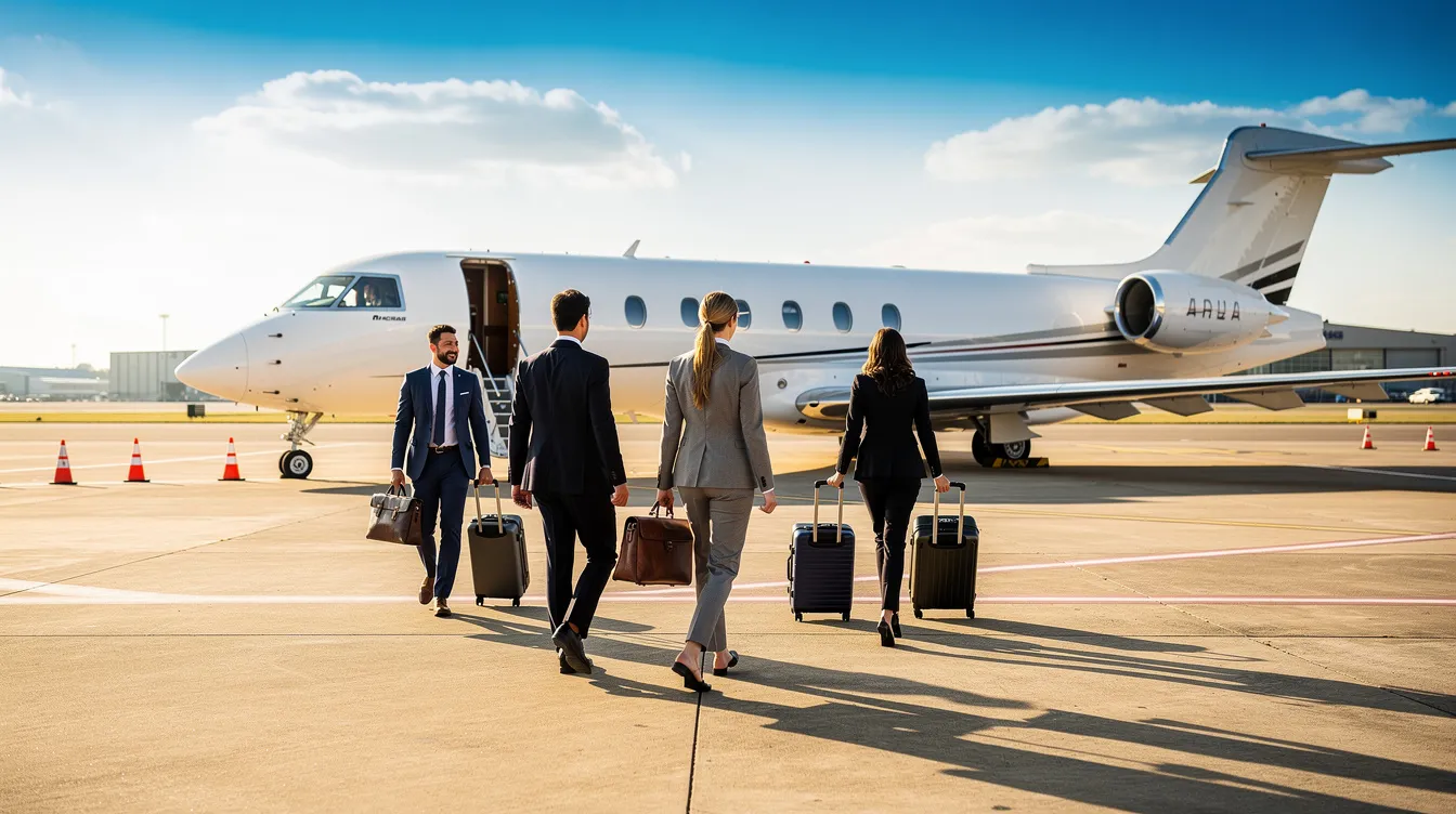 A group of business professionals is walking toward a midsize private jet on a sunny tarmac, highlighting the allure of private aviation and the various ownership costs associated with owning a private jet. The scene captures the essence of luxury travel as they prepare for their flight, emphasizing the benefits of private jet ownership.