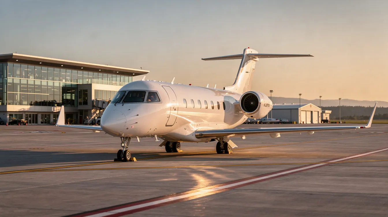 A sleek white private jet is parked on a tarmac at a modern regional airport, bathed in the warm glow of golden hour. This scene captures the allure of private aviation, highlighting the elegance and luxury associated with owning a private jet.