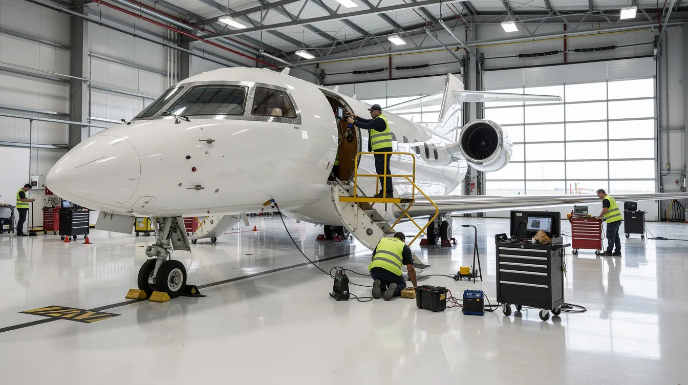 The image depicts a private jet inside a well-lit hangar, where a maintenance crew is diligently servicing the aircraft. This scene highlights the importance of operational costs and aircraft management for private jet owners, ensuring their premium aircraft remain in optimal condition for private aviation.