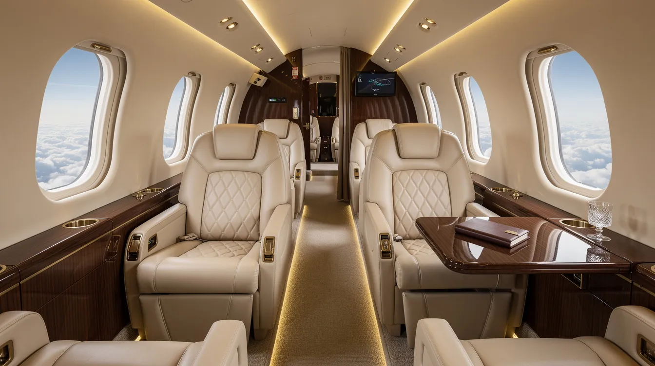 The image showcases the interior of a luxury private jet cabin, featuring plush cream leather seats and elegant polished wood accents, epitomizing the comfort and sophistication that private jet owners seek in private aviation. This premium aircraft design highlights the lifestyle of high net worth individuals who value both style and functionality in their travel experiences.