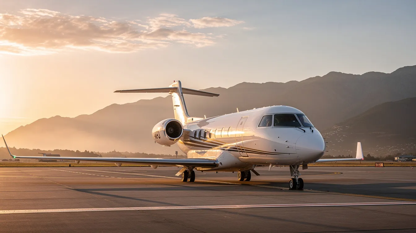 A sleek white private jet is parked on a tarmac during golden hour, with majestic mountains in the background, showcasing the allure of private aviation for high net worth individuals. This image captures the essence of luxury travel, often associated with private jet ownership and the lifestyle of affluent aircraft owners.