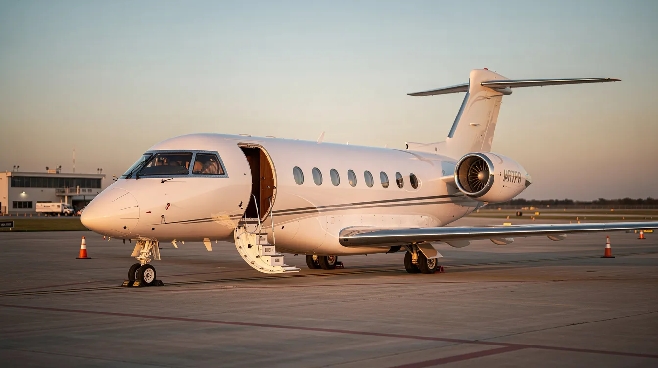A sleek private jet is parked on a quiet tarmac at a regional airport during golden hour, showcasing the luxury of private aviation. This serene setting highlights the appeal of empty leg flights, offering a premium experience for travelers seeking exclusive access to private air travel.