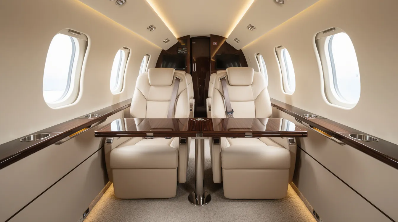 The image shows the interior of a modern private jet cabin featuring cream leather seats arranged in a club configuration, providing a luxurious and comfortable setting for passengers. This elegant space exemplifies the premium experience of private aviation, ideal for those seeking exclusive access to empty leg flights and private jet travel.