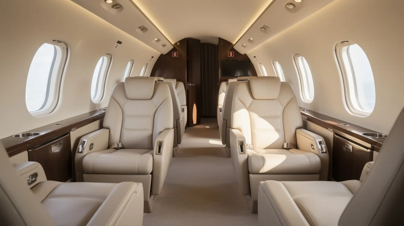 The image depicts the luxurious interior of a modern private jet, featuring plush leather seats and ample natural light streaming through oval windows, creating an inviting atmosphere for executive aviation. This elegant design reflects the innovation and excellence associated with leading manufacturers in the aerospace industry, such as Embraer executive jets.