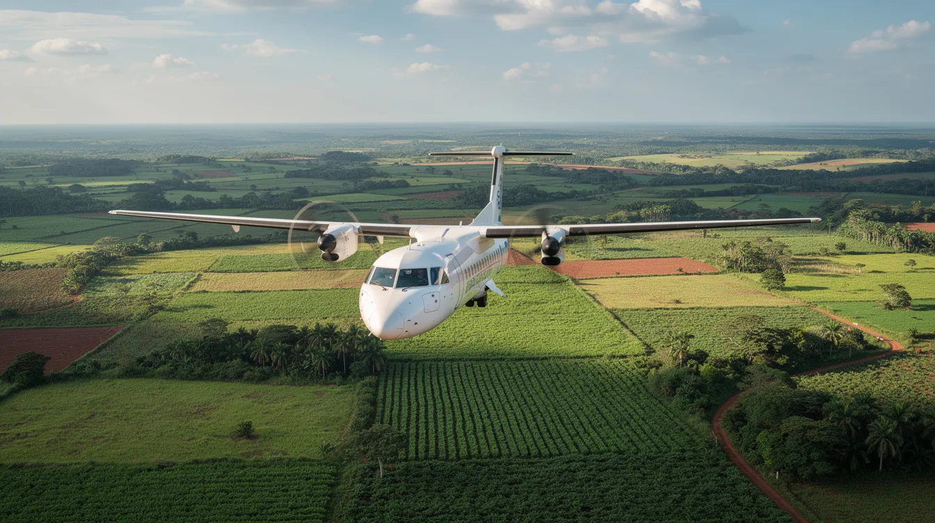 A regional turboprop airplane is flying over lush green farmland in Brazil, showcasing the vibrant landscape typical of the region. This aircraft represents the innovation and efficiency of the commercial aviation sector, particularly in the context of regional airlines and agricultural aviation.