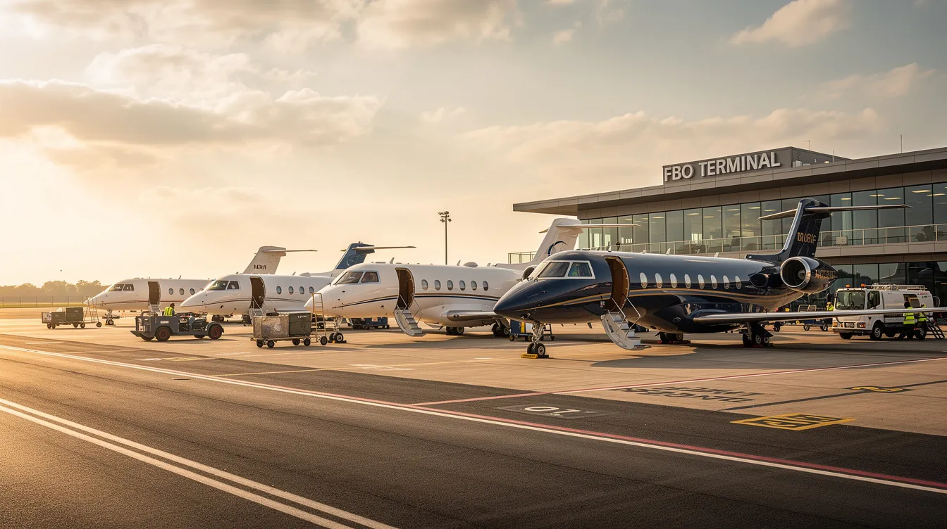 The image depicts multiple private jets of varying sizes parked at a busy fixed-base operator facility, showcasing the diversity of private aviation options available for aircraft ownership. This scene highlights the advantages of private jet ownership, including operational flexibility and the convenience of having multiple aircraft for different travel needs.