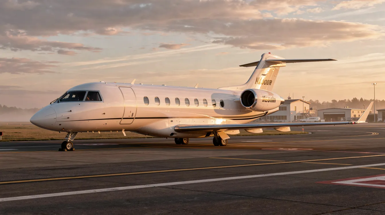 A sleek private jet is parked on the tarmac of a small regional airport, bathed in the warm glow of golden hour light. This premium aircraft symbolizes the benefits of private aviation, offering unparalleled flexibility and guaranteed access for travelers seeking efficient business travel options.