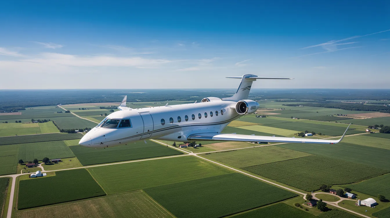A sleek modern private jet soars high above lush green American farmland, gliding effortlessly under a clear blue sky. This image captures the essence of private aviation, highlighting the freedom and flexibility that comes with aircraft ownership.