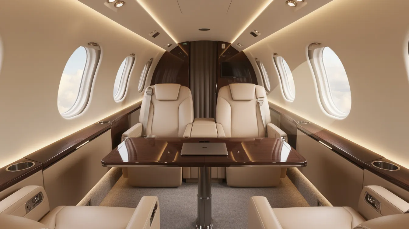 The image depicts the interior of a modern private jet cabin, featuring luxurious leather seats, a spacious work table, and soft ambient lighting, creating an elegant environment for passengers. This effective air travel tool exemplifies the comfort and design found in business jets, enhancing the flying experience.