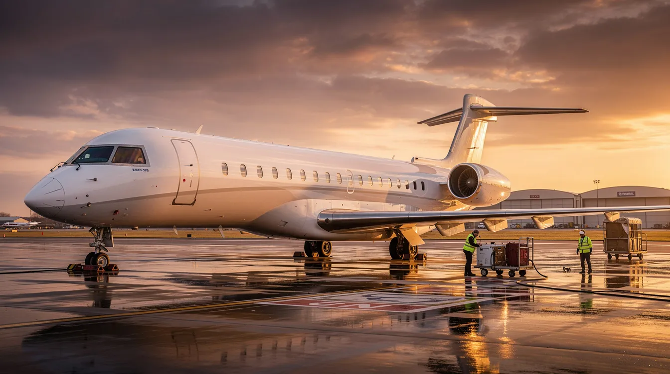 A large ultra-long-range business jet is parked on a tarmac at sunset, surrounded by ground crew preparing for its next flight, highlighting its advanced design and spacious cabin space. This aircraft represents an effective air travel tool for business passengers, showcasing the luxury and efficiency of one of the largest business jets available.