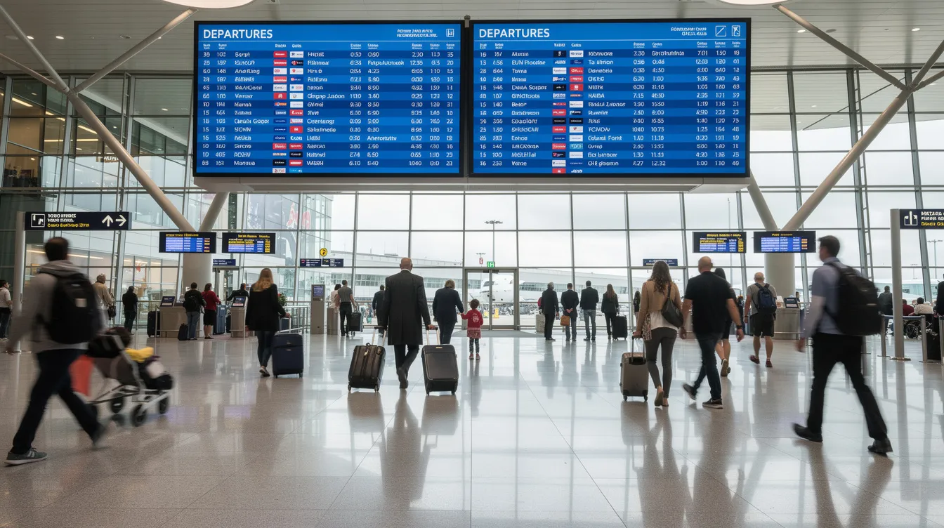 A bustling airport terminal filled with passengers walking to their gates, while overhead departure boards display flight information. The scene captures the energy of civil aviation, reflecting the operations of airlines like Jet Airways, as travelers prepare for their journeys to international routes.