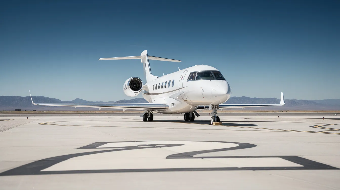 A sleek private jet is parked on a runway under a clear blue sky, with distant mountains visible in the background, symbolizing the luxurious travel options offered by jet airways in civil aviation. This scene captures the essence of high-end flights, appealing to frequent flyers seeking comfort and elegance in their journeys.