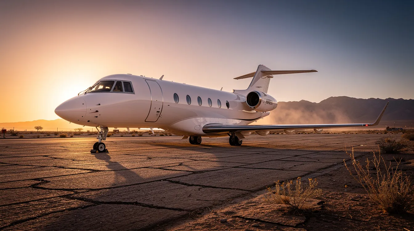 A luxurious private jet is parked on a desert tarmac, with majestic mountains silhouetted against a vibrant sunset in the background. This scene captures the essence of private air travel, offering a glimpse into an exclusive luxury business experience.