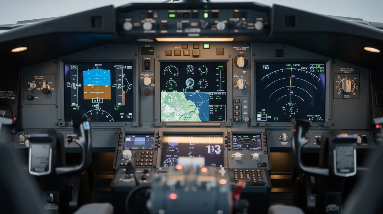 The image features a close-up view of a modern aircraft cockpit, showcasing advanced glass-panel avionics displays that enhance pilot training and operational efficiency. This cockpit design is common in small planes, providing pilots with critical flight information for safe and effective flying.