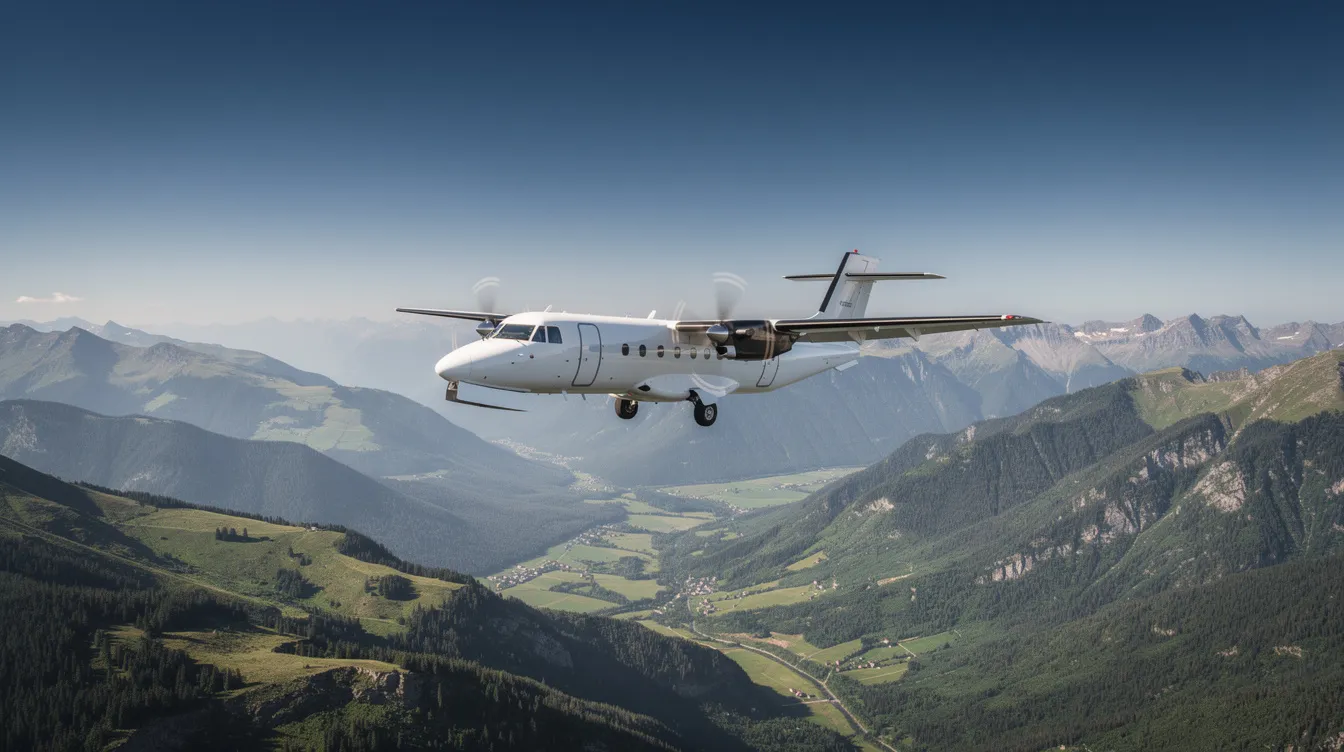A small turboprop airplane is soaring above lush green mountain terrain under a clear blue sky, showcasing its efficient performance and reliability. This light aircraft, ideal for personal use and pilot training, exemplifies the beauty of flying in rural areas.
